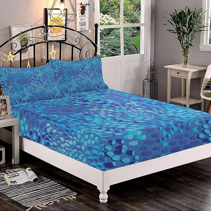 Decorative Bedding Sheet Set Twin Size, Aqua Deep Pockets Fitted Sheet & 2 Pillowcases Set(No Flat Sheet), Tropical Fish Skin Scales Hand Drawn Style Spotty Print Microfiber 3pc Bed Sheets Set