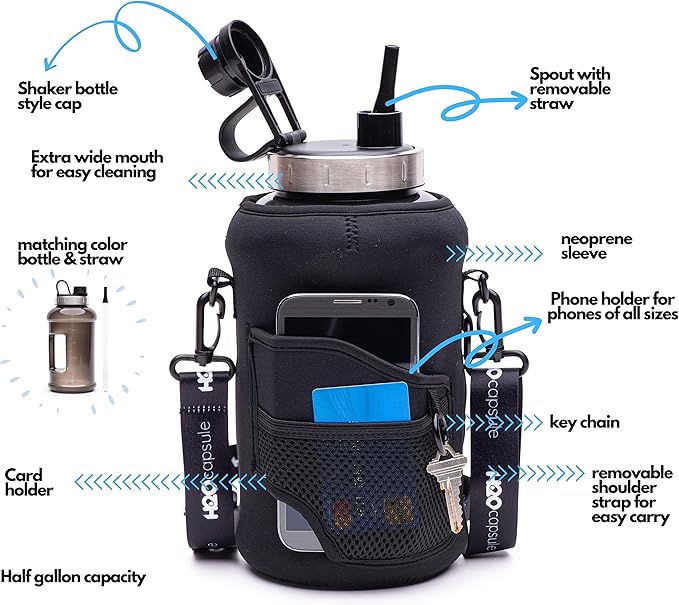 H2O Capsule 2.2L Half Gallon Wide Mouth Water Bottle with Storage Sleeve and Removable Straw - Hydration Tracker Jug with Measurements Marked – Shatterproof BPA-Free, (Jet Black)