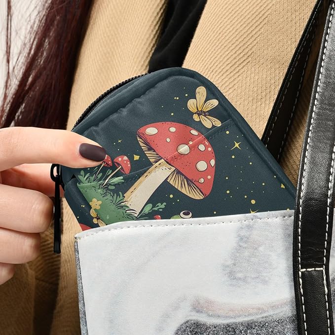 Fustylead Cute Frog and Red Mushroom Butterfly Travel Pill Case Bag with Zipper Weekly Pill Box 8 Compartments 7 Day Personal Pill Case Purse Medicine Case Organizer