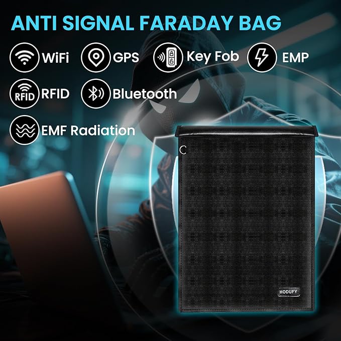 Faraday Bag (15 x 10 inches), Faraday Cage, Cell Phone Signal Jammer, Faraday Key Fob Protector, RFID Faraday Pouch Signal Blocker Anti-Theft Pouch, Anti-Hacking Case Blocker (Black)