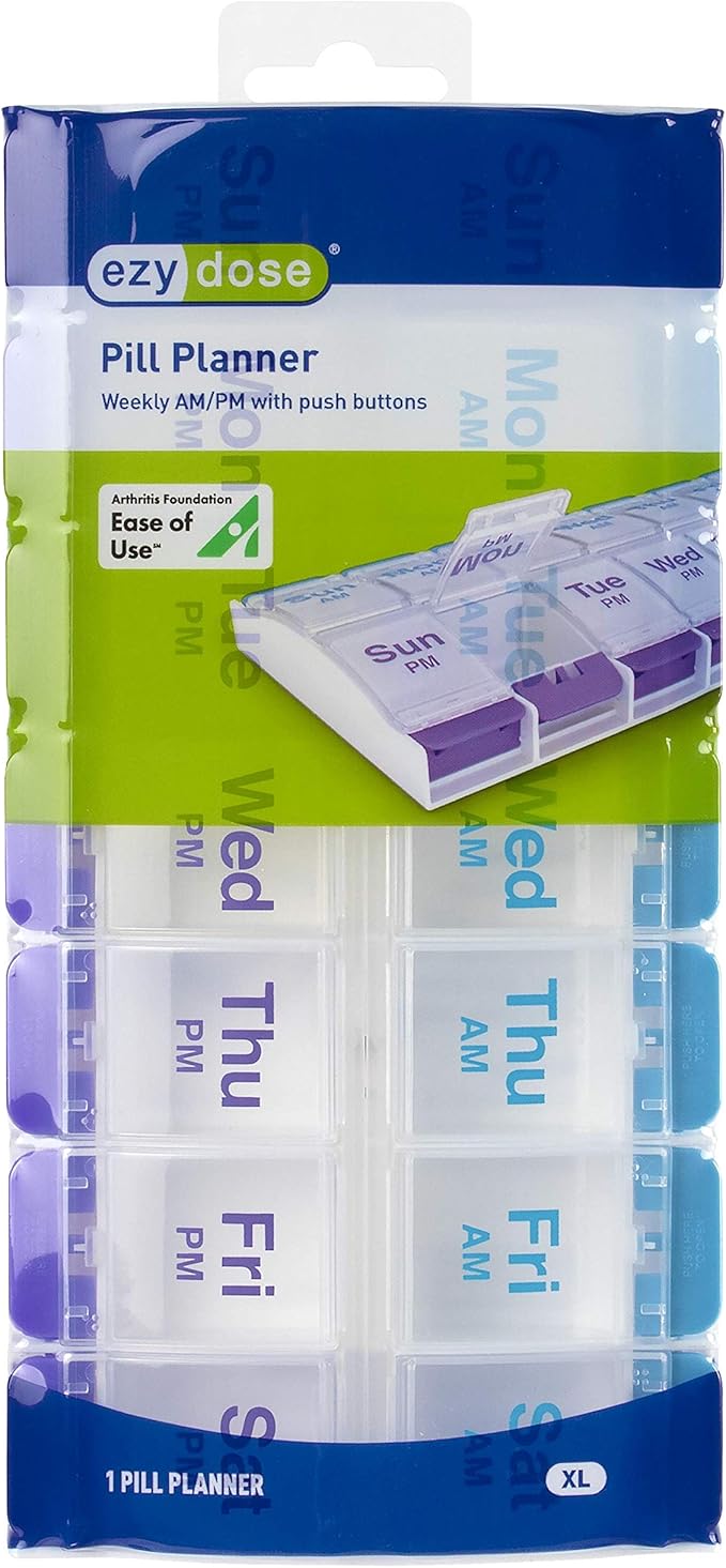 EZY DOSE Push Button Weekly (7-Day) Pill Case, Medicine Planner, Vitamin Organizer Box, 2 Times a Day, AM/PM, Large Compartments, Arthritis Friendly, Clear Lids, BPA Free, Pack of 6