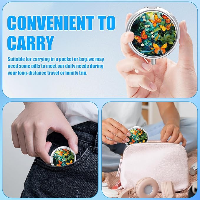Pill Box, 3 Compartments Small Pill Case Travel Portable Metal Medicine Box with Mirror Mini Container for Purse Pocket Women Men（Watercolor Butterfly）