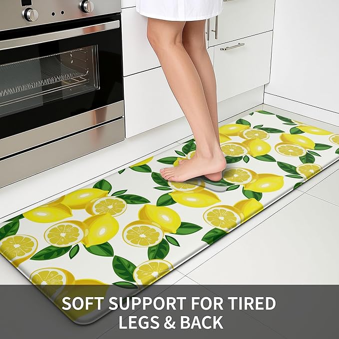 MAYHMYO Lemon Kitchen Mat Set of 2 - Anti Fatigue Mats for Kitchen Floor - Non Slip Cushioned Rugs for Standing - Lemon Decor (17.3"×29"+17.3"×47"-0.4") White