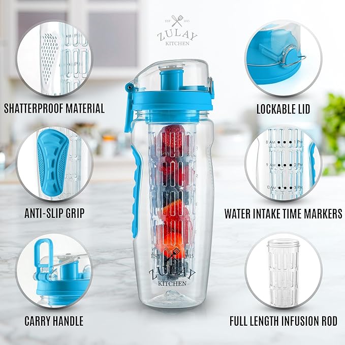 Zulay Fruit Infuser Water Bottle - 34oz - Leakproof With Full-Length Infusion Rod - Men Women's Ideal Fitness Gift Or For Gym, Camping
