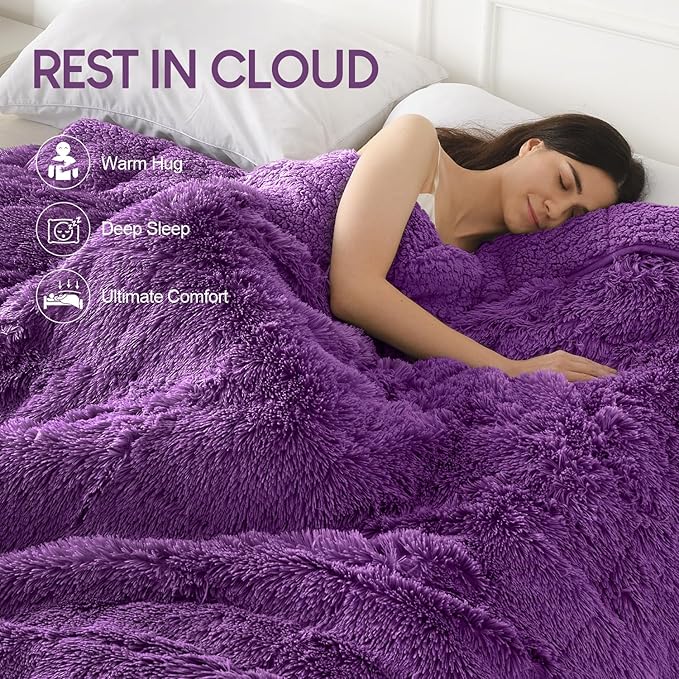 Cottonblue Weighted Blanket 15lbs 48x72 inches for Twin/Full Bed, Faux Fur Sherpa Weighted Blanket for Adults, Plush Cozy Bed Blanket with Glass Beads for Calm and Relax, Purple