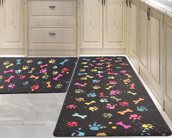 Farmhouse Kitchen Mats Cushioned Anti Fatigue Mats for Kitchen Floor Waterproof Kitchen Mats and Rugs Comfort Standing Mat for Kitchen, Laundry Room, Colorful Dog Paw and Bone(Black/Multicolor)