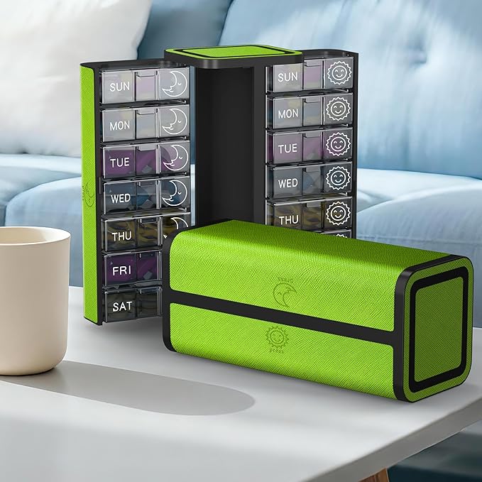 7-Day AM/PM Pill Organizer with Scratch-Resistant Leather Case - Portable Weekly Travel Medicine Box with Detachable Daily Pods & Privacy Design (Dark Green)