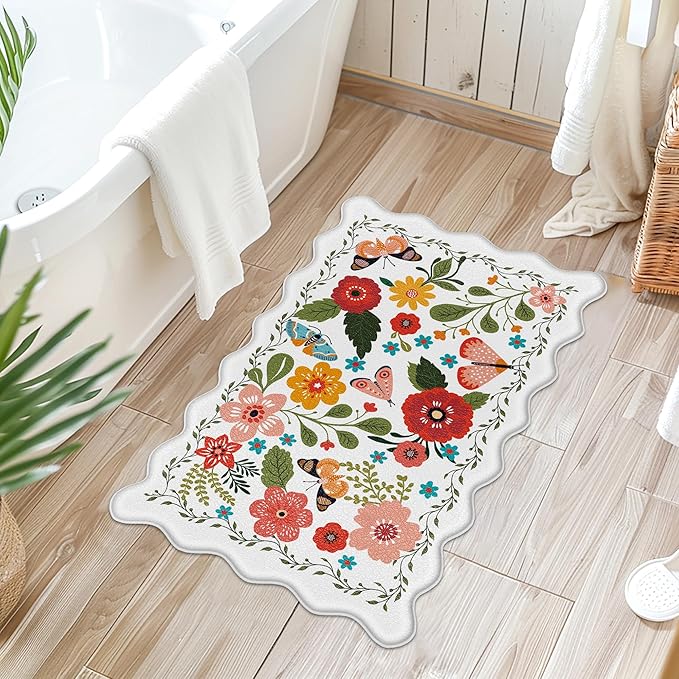 Scalloped Kitchen Mats for Floor Cushioned Anti Fatigue Kitchen Mats Rugs Waterproof Non Slip Farmhouse Boho Floral Comfort Foam Standing Mat for Sink Laundry, White, 17.3x30