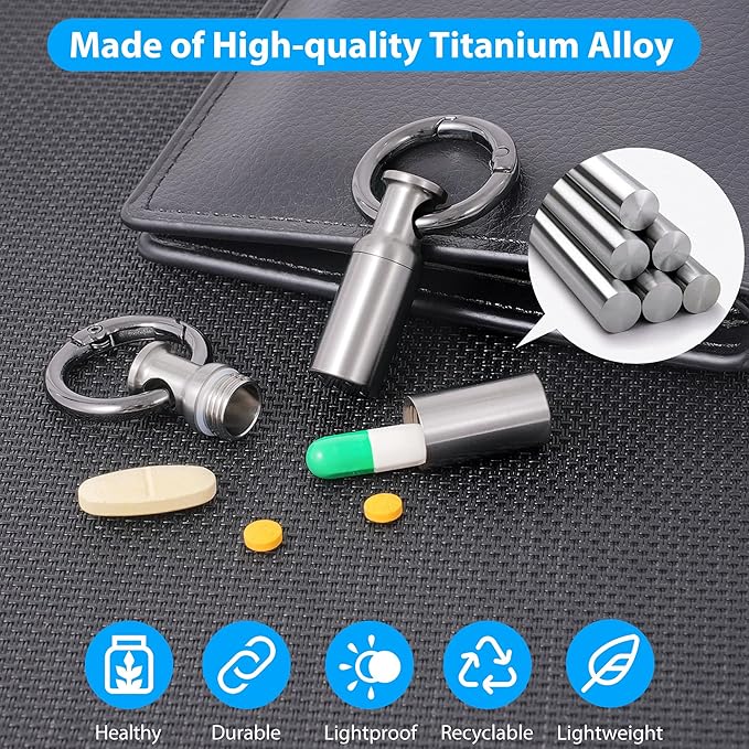 Titanium Keychain Pill Holder,Portable Mini Pill Case, Waterproof Small Pill Container,Mental Pill Box for Travel Purse Camp