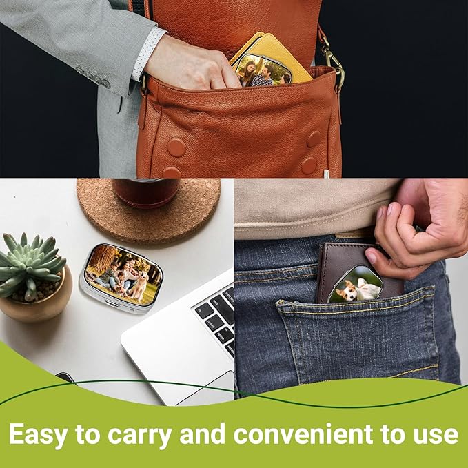 Custom Pill Box Organizer Travel With Photo,Logo,Text Personalized Metal Medicine Pill Case Waterproof Tablet Vitamin Holder Organizer for Purse Pocket Travel Gifts with Mirror&Key Rings 2 Compartment