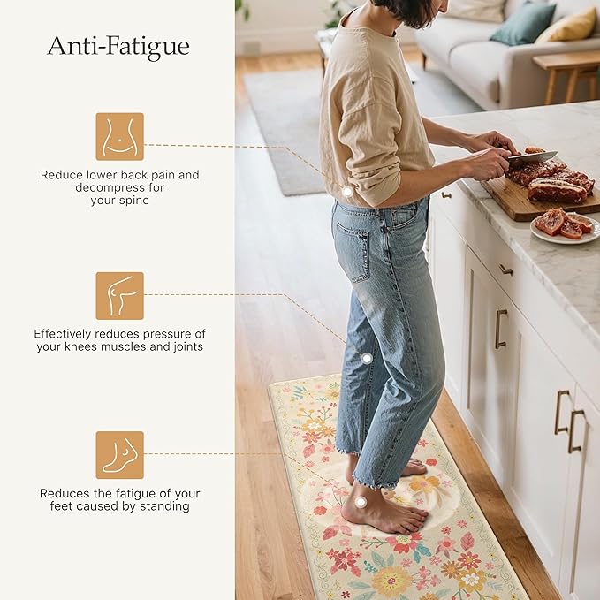 GENIMO Kitchen Mats for Floor 2PCS, Cushioned Kitchen Rugs Non Slip Washable, Farmhouse Anti Fatigue Mat Waterproof, Comfort Standing Mat Rug for Office, Home, Laundry, 17.3"x47"+17.3"x30", Beige
