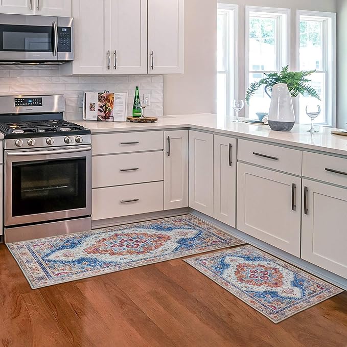 Boho Kitchen Mat Set of 2, Non Slip Blue Kitchen Rug for Floor,Vintage Farmhouse Outdoor Doormats Linen Runner Rug Washable Standing Mats for Entryway,Laundry,Office,Hallway 17”x30“+17'' x47''