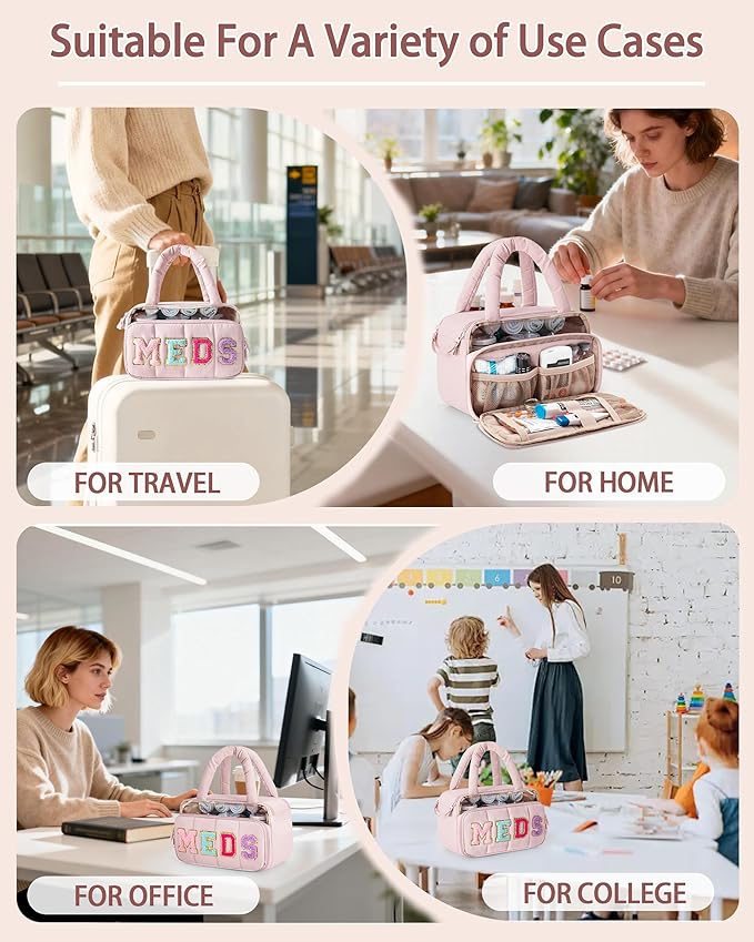 Fasrom Chenille Letter Medicine Bag, Preppy Patch Meds Bag for Travel, Pill Bottle Organizer with Puffy Handles, Portable Cosmetic Toiletry Storage Makeup Case for Women, Pink (Bag Only)