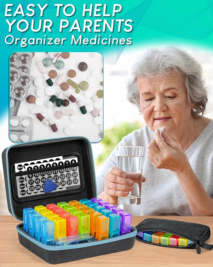 Monthly Pill Organizer 2 Times a Day with Weekly Pill Bags, Portable Hard Shell Case, Pill Cutter & Opener Pick, Monthly and Weekly Stickers for Medication Management (Blue, 2 Times a Day)