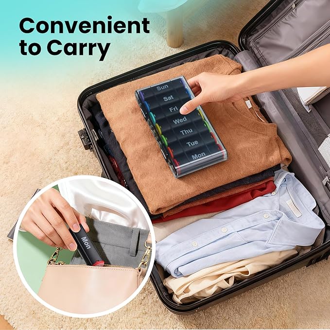 Weekly Pill Organizer 2 Times a Day, Lockable 7 Day AM PM Pill Box for Seniors, Large Travel Pill Case for Vitamins, Fish Oil, Supplements and Medication, Waterproof BPA-Free ABS, Black