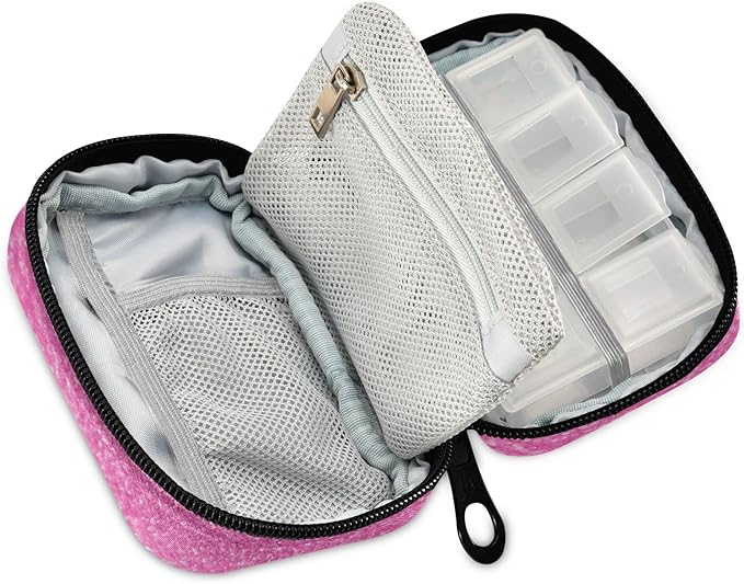 Pill Box Pink Glitter Sparkle Print 7 Day Pill Case Travel Pill Organizer Bag with Zipper Portable Weekly Vitamin Medicine Supplement Holder Pouch Bag