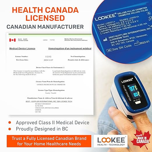 LOOKEE LK50D1 Deluxe Fingertip Pulse Oximeter - Finger SpO2 Blood Oxygen Saturation Monitor with Auto Rotate OLED Display Plethysmograph Waveform & Pulse Graph - Batteries Included