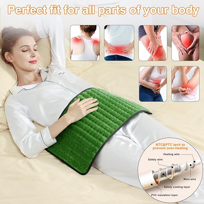 Deepsoon Heating Pad,Electric Heating Pads for Back,Neck,Abdomen,Moist Heating Pad for Shoulder,Knee,Arms,Legs,Dry/Moist Heat & Auto Shut Off,Christmas Gifts for Men and Women,Green Black,24x12 Inch