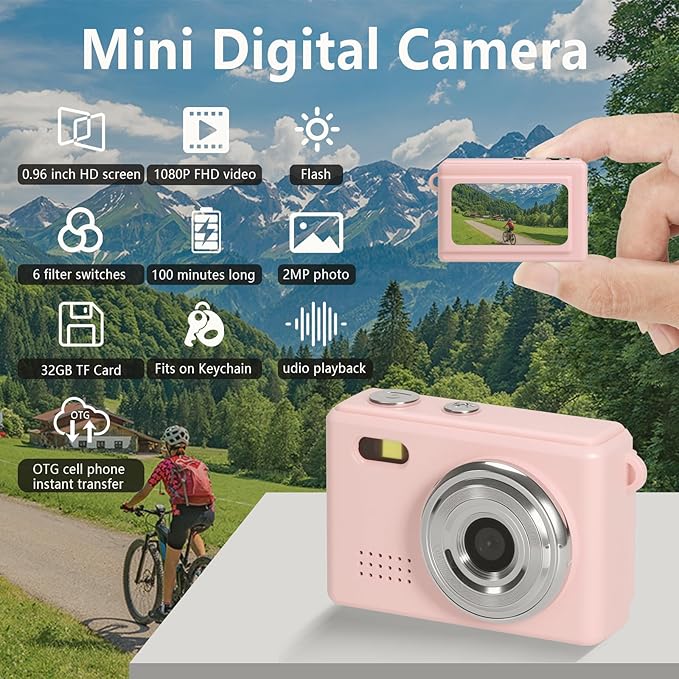 Mini Keychain Camera, FHD 1080p Mini Digital Camera with 32GB SD Card, Flash, 6 Creative Filters, 0.96" HD Display, 100 Mins Battery Life for Travel Recording Birthday Gifts (Modern, Pink1)