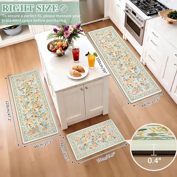 Kitchen Rugs Sets of 3 Cushioned Anti Fatigue Kitchen Mats for Floor, Non Slip Waterproof Vintage Botanical Floral Runner Rug, Comfort Standing Mat for Laundry, Sink, Office Beige