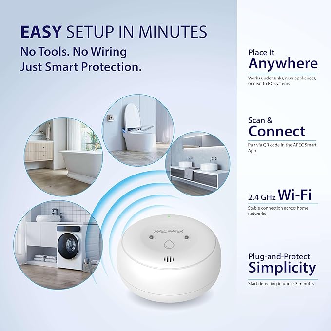APEC WATER WiFi Water Leak Detector for Home, App Connected get Real-Time Alerts, Highly Reliable Dual Sensor Wet Moisture Detection (1PK)