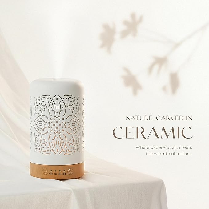 Earnest Living Essential Oil Diffuser White Ceramic Diffuser 100 ml Timers Night Lights and Auto Off Function Home Office Humidifier Aromatherapy Diffusers for Essential Oils