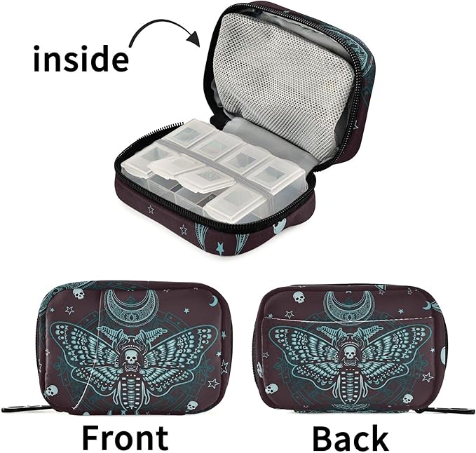 Travel Pill Organizer Bag Weekly Pill Organizer Case Gothic Skull Butterfly Portable Small Daily Pill Boxes for Vitamin Fish Oils Supplement Holder with Zipper Compact Size