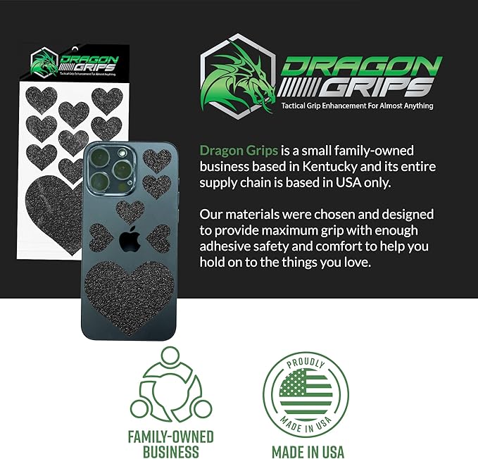 Dragon Grips Heart Stickers - 10 Pcs Black Heart-Shaped Rubberized Grip Stickers - Waterproof, Multi-Purpose, Non-Slip, Textured Cell Phone Grip Tape for Laptop, Mouse, Tablet, iPad, iPhone Case