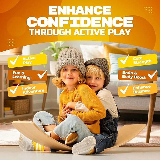 Wooden Wobble Board For Kids Slack Board Open-Ended Waldorf Learning Toy For Indoor Play, Balance Board For Adults | Core Balance Trainer Curvy Rocker Board for Yoga and Exercise Indoor, Montessori Toys