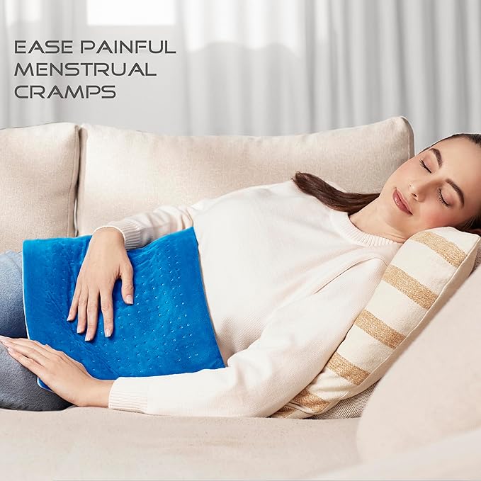 Boncare® Large Heating Pad for Back Pain Relief and Cramps with Auto Shut Off & 4 Temperature Settings, Fast Heat up Instant Comfort and Ultra Soft Velvet Plush Machine Washable (Blue, 12"x24")