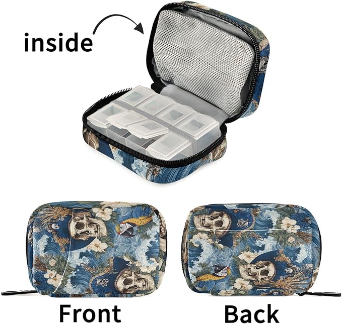 Pirate Skulls Waves Blue Travel Pill Organizer Case Box Container Weekly Portable Vitamin Medicine Holder Storage Bag with Zipper Removable