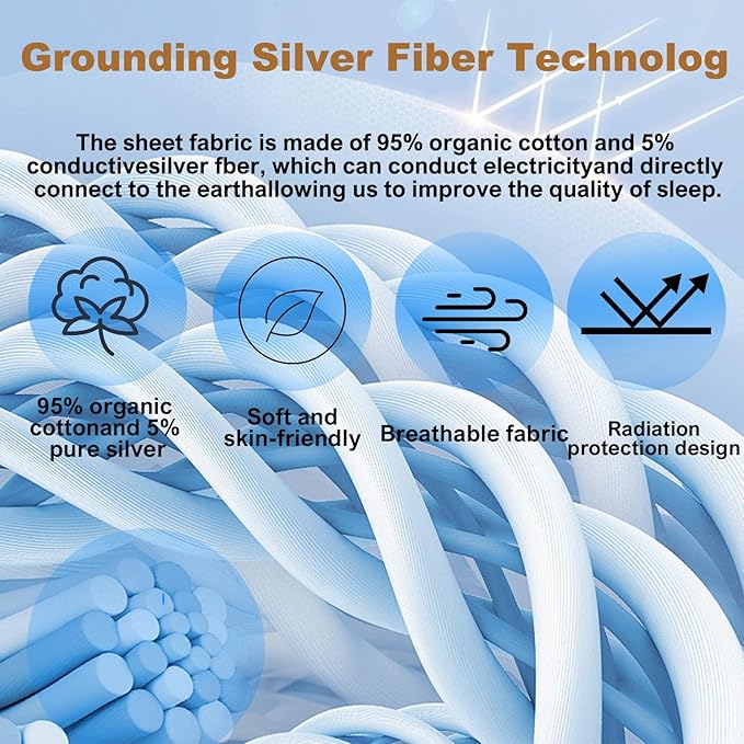 grounding Sheets King 90% Organic Cotton+10% Pure Silver Fiber, Grounding Fitted Sheets with Grounding Cord,Pain Reliefand Helps Sleep- Earth Connected Bedding (White, Queen)