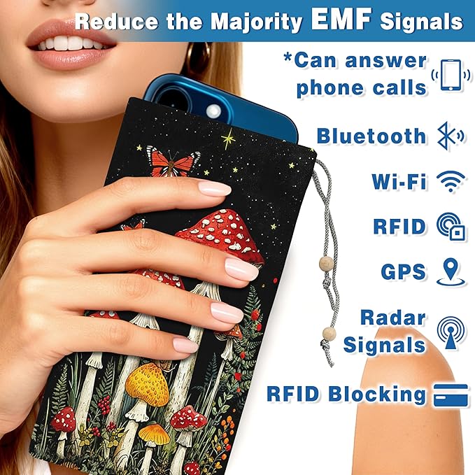 EMF Shield Sleeve for Cell Phone Reduce Signal Anti-EMP Pouch Against Radiation, EMF, 5G, RFID Blocking 4x8 Inch Mushroon Phone Sleeve Bags