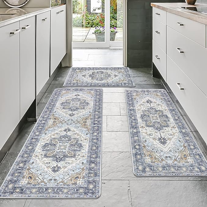 Cushioned Kitchen Rug Sets 3 Piece Anti Fatigue Kitchen Mats for Floor Non Slip Waterproof Kitchen Rugs and Mats Comfort Standing Mat Runner for Home Office,Sink,Laundry
