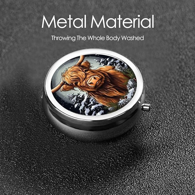 Highland Cow Fir Tree Pill Box 3 Compartment Pill Case, Portable Medicine Pill Organizer for Pocket Purse Pill Box Decorative Metal Medicine Vitamin Organizer