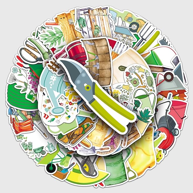 51pcs Garden Tools Stickers, Cartoon Shovel & Watering Can Pattern Decals, Waterproof & Durable for Gardening Journal, Flower Pot, Party Decoration