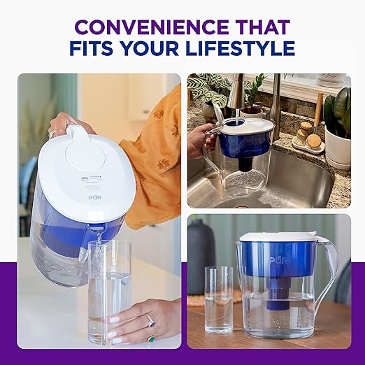 PUR 11-Cup Water Pitcher, 1 Genuine PUR Filter, Cleaner, Great-tasting Water, Dishwasher Safe, Powerful Filtration, Filter Change Light Indicator, LockFit Cap Design - White