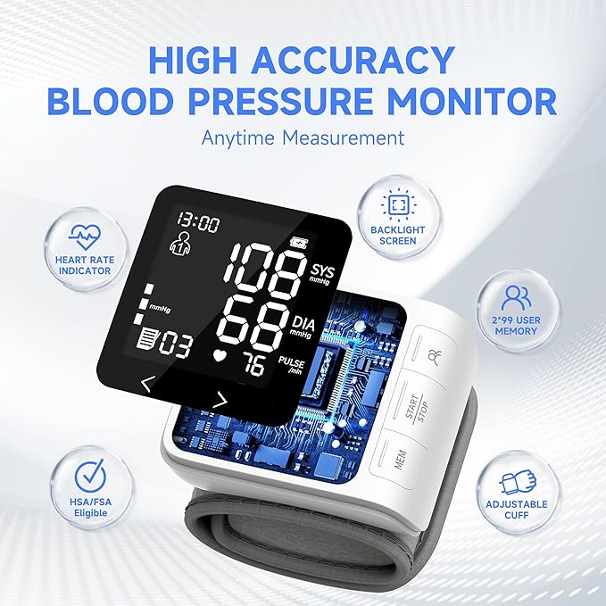 VivaGuard Wrist Blood Pressure Monitor, LCD Backlit Dispaly BP Machine Automatic Digital Portable Wrist Blood Pressure Cuff with Heartbeat Detector, 2 * 99 Memory, Carrying Case, 2 AAA Batteries