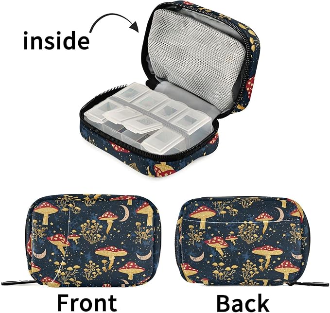 Fustylead Mystical Aesthetic Mushrooms Moon Stars Pill Organizers 2 Times A Day Pill Case Bag with Zipper Portable Weekly Pill Dispensers for Vitamin Supplement