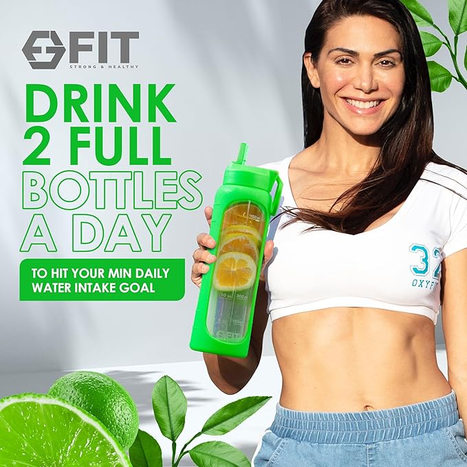 FIT Strong & Healthy 32 oz Glass Water Bottle with Straw Lid - Wide Mouth Borosilicate Glass Water Bottles with Time Marker, Silicone Sleeve & Extra Lid - 1L Large Motivational Drinking Bottle