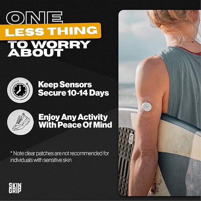 Skin Grip Freestyle Libre 2 Sensor Covers & Lingo CGM – Waterproof and Sweatproof Adhesive for 10-15 Days, Pre-Cut Medical Tape, Continuous Glucose Monitor Patch – 20 Pack, Clear