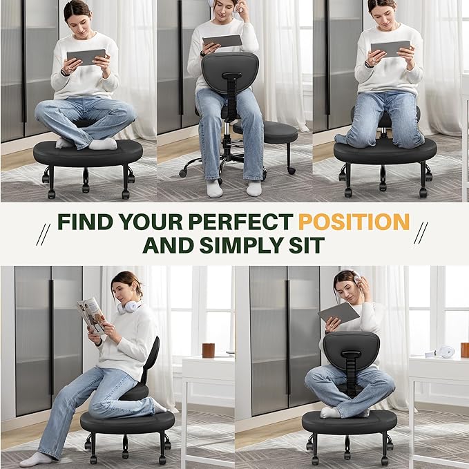Primy Criss Cross Office Chair - ADHD Cross Legged Chair with Wheels - Adjustable Height Ergonomic Kneeling Desk Chairs for Meditation Yoga Home Office with Backrest, 360°Rotating Footrest - Black