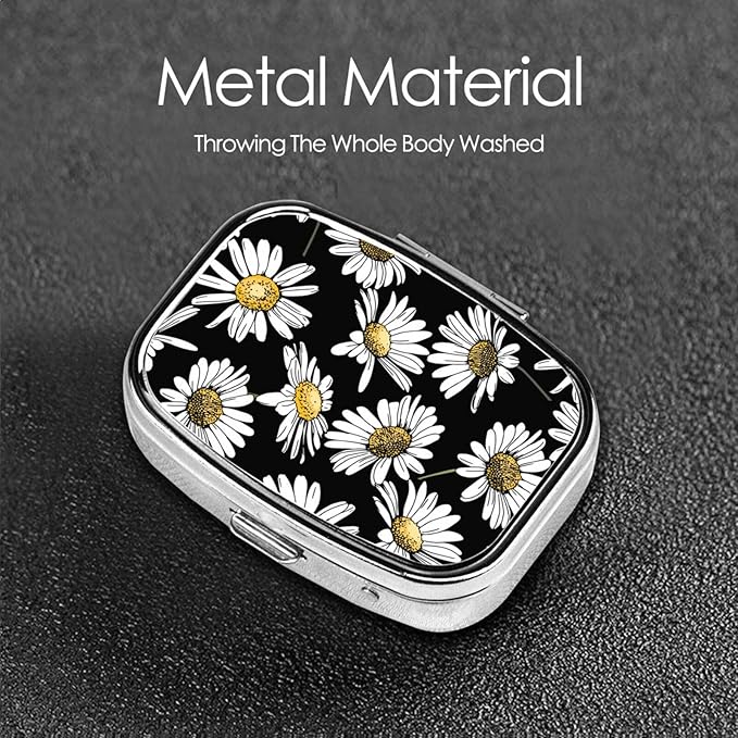 Pill Case Pill Box with Mirror Silver Pocket 2 Compartment Medicine Case Vitamin Pill Organizer for Pocket Purse and Travel Gifts - Floral Chamomile Or Daisy Flowers Black