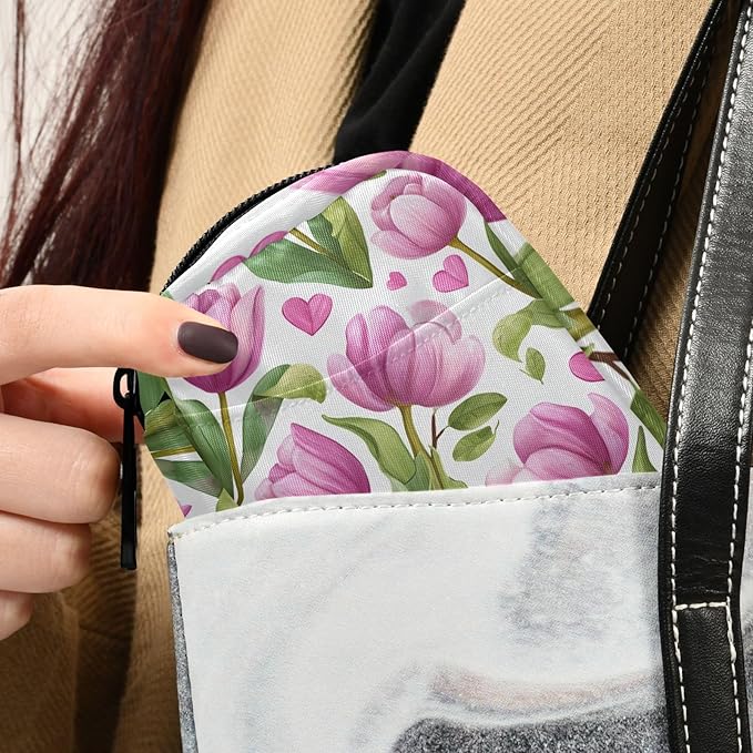 Romantic Pink Tulips and Hearts Travel Pill Organizer Case Box Container Weekly Portable Vitamin Medicine Holder Storage Bag with Zipper Removable