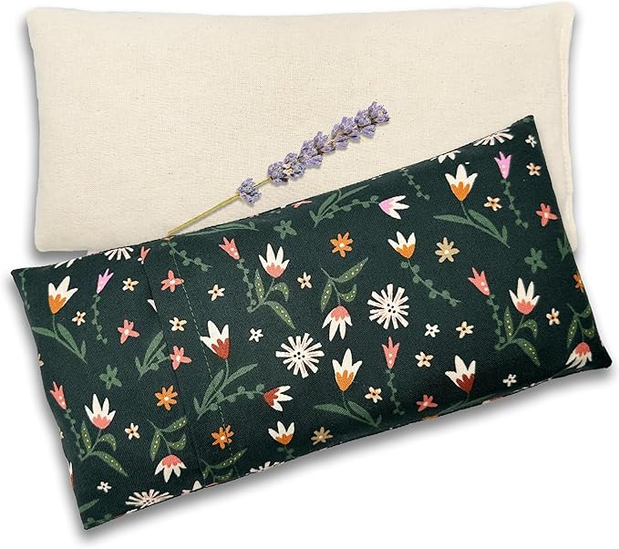 100% USA Handmade, Washable Cotton Eye Pillow 9", Moist Heat Eye Compress, Hot/Cold Rice & Lavender Therapy Pack (Green Multi Floral, Lavender + Rice)