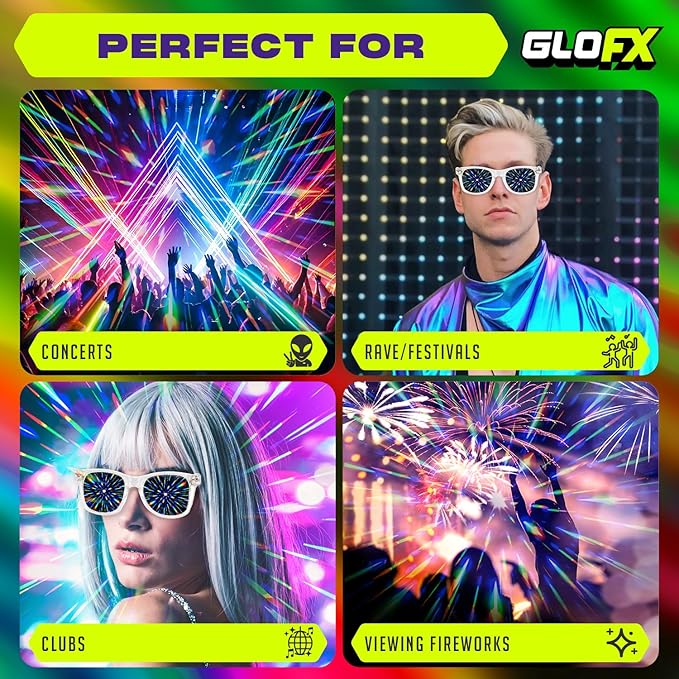 GloFX Clear Frame Extreme Line Diffraction Glasses – Laser Etched for Brilliant Rainbow Light Effects, Durable & Flexible, Ideal for Raves & Festivals