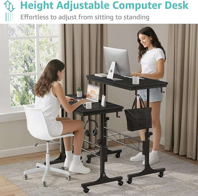 Small Portable Rolling Standing Desk - 32 Inch Adjustable Height Mobile Teacher Podium on Wheels for Classroom, Stand Up Desks for Treadmill Walking Pad, Couch Sofa Side Laptop Table, Black