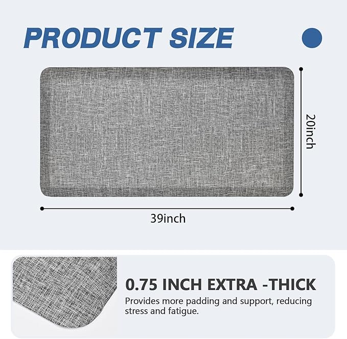 Anti Slip 3/4 inchs Anti Fatigue Kitchen Floor Mat, Ergonomic Comfort Standing Mat, Waterproof Kitchen Runner for Home, Kitchen, Office, Laundry, Garage (Light Gray, 20" x 39" -0.75")