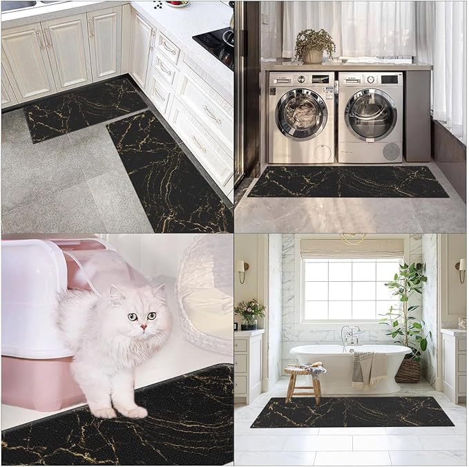 Arttown Marble Anti-Fatigue Kitchen Rug Set of 2 Black Gold Abstract Modern Cushioned Floor Mat, Standing Waterproof Non-Slip Kitchen Mat and PVC Ergonomic Comfort Foam Rug