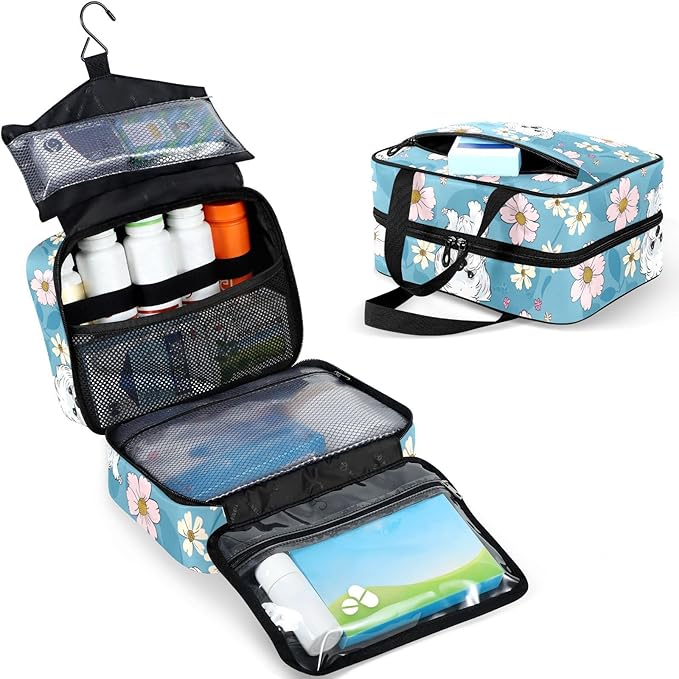 Fustylead Cute Cartoon Maltese and Daisy Flowers Large Medical Supplies Organizer Bag with Zipper Empty First Aid Bag Trauma Kit for Traveling Hiking Camping